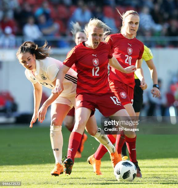 Sara Daebritz of Germany and Klara Cahynova of Czech Republic and Pavlina Nepokojova of Czech Republic battle for the ball during the 2019 FIFA...