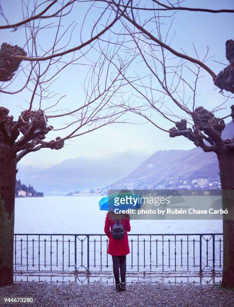 woman contemplating the lake of como with a blue umbrella - paraguas foto e immagini stock