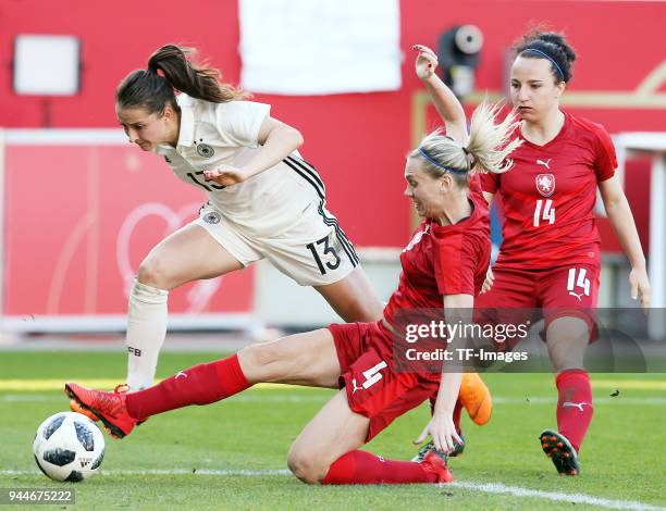 Sara Daebritz of Germany and Petra Bertholdova of Czech Republic and Petra Vystejnova of Czech Republic battle for the ball during the 2019 FIFA...