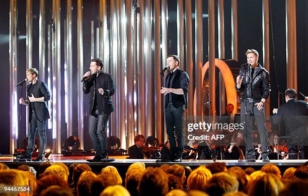 Members of Irish music band Westlife perform on stage during a Nobel Peace Prize Concert in Oslo Spektrum, on December 11, 2009. AFP PHOTO Bjorn...