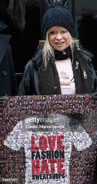 Jo Wood arrives at number 10 Downing Street to hand over a picture of a giant T-Shirt as part of the Love Fashion Hate Sweatshops campaign on...