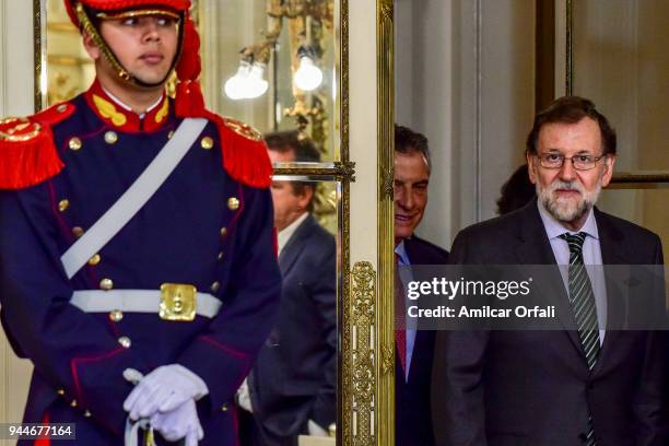 Prime Minister of Spain Mariano Rajoy and President of Argentina Mauricio Macri enter the Salón Blanco during the first day of the official visit of...