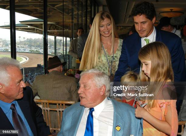 Frank Stronach with Merv Griffin and Merv's daughter - in - law Tricia, son Tony, grandson Donovan Mervyn and granddaughter Farah