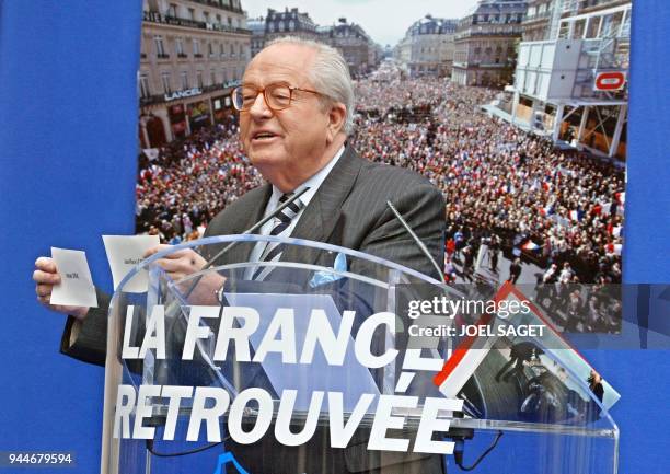 President of the National Front, candidate for the presidential election, Jean-Marie Le Pen shows, on May 3, 2002 at the FN headquarters in...