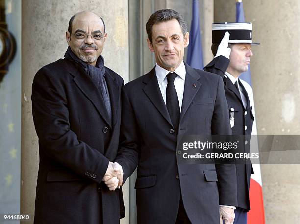 France's President Nicolas Sarkozy welcomes Ethiopia's Prime Minister Meles Zenawi at the Elysee Palace in Paris, on December 15, 2009. AFP PHOTO /...