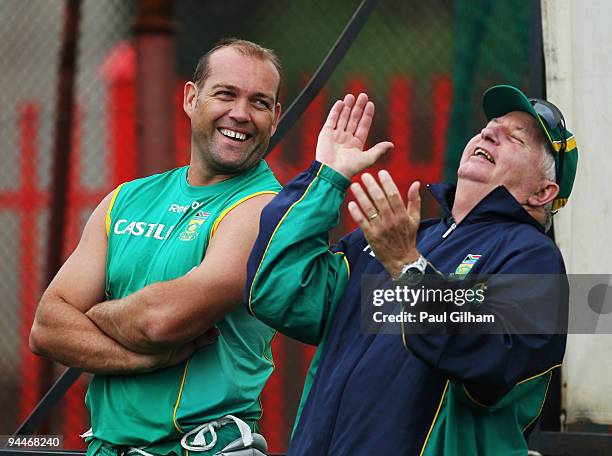 Jacques Kallis of South Africa shares a joke with Duncan Fletcher during a South Africa Nets Session at Centurion Park on December 15, 2009 in...