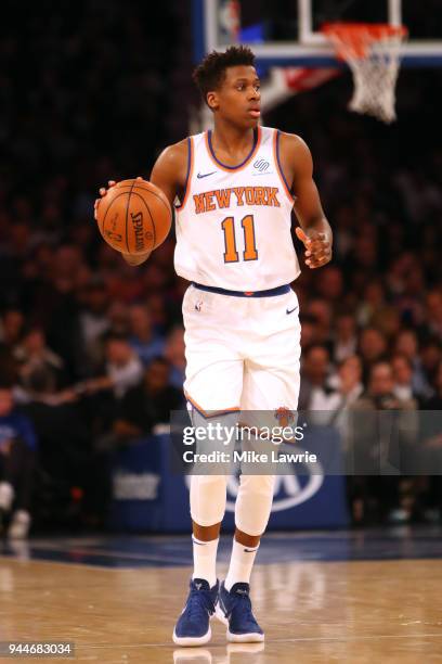 Frank Ntilikina of the New York Knicks handles the ball in the fourth quarter against the Cleveland Cavaliers at Madison Square Garden on April 9,...