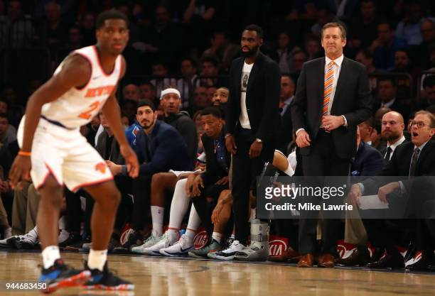 Jeff Hornacek of the New York Knicks looks on in the fourth quarter against the Cleveland Cavaliers at Madison Square Garden on April 9, 2018 in New...