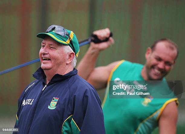 Duncan Fletcher of South Africa laughs as Jacques Kallis of South Africa stretches during a South Africa Nets Session at Centurion Park on December...