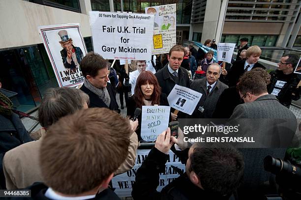 Janis Sharp , mother of Gary McKinnon, speaks to the media during a protest outside the Home Office against the Home Secretary's decision not to halt...