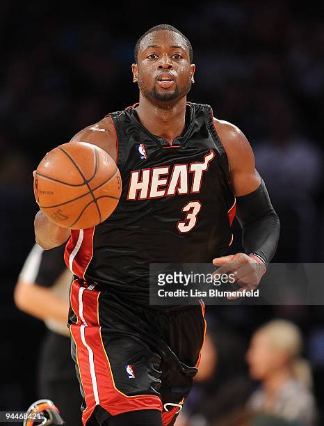 Dwyane Wade of the Miami Heat drives the ball upcourt during the game against the Los Angeles Lakers at Staples Center on December 4, 2009 in Los...