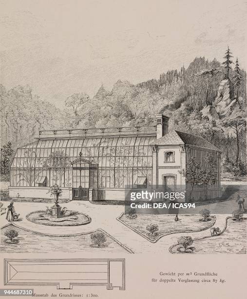Double-glazed greenhouse built on the royal estate in Sinaia, Romania, engraving, Skizzen und Typen, plate 176, designs by Rudolph Philip Waagner,...
