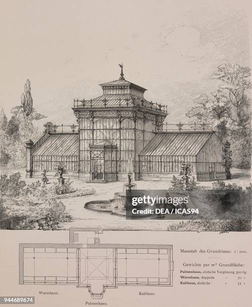 Double-glazed greenhouse and single-glazed greenhouse built for Josef Edlen von Schroll in Liebeschitz , engraving, Skizzen und Typen, plate 181,...