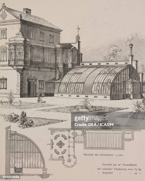 Example of a greenhouse connected to the winter garden, engraving, Skizzen und Typen, plate 178, designs by Rudolph Philip Waagner, 1891.
