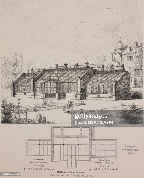 Double-glazed greenhouse and single-glazed greenhouses built for Geza von Rakovszky in Kocsocz, Hungary, engraving, Skizzen und Typen, plate 183,...