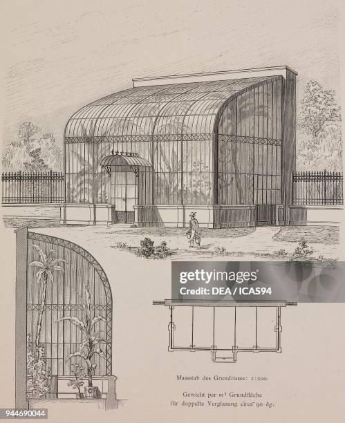 Double-glazed winter garden built for Ferdinand Kinsky in Hermanmiestetz, Czech Republic, engraving, Skizzen und Typen, plate 185, designs by Rudolph...