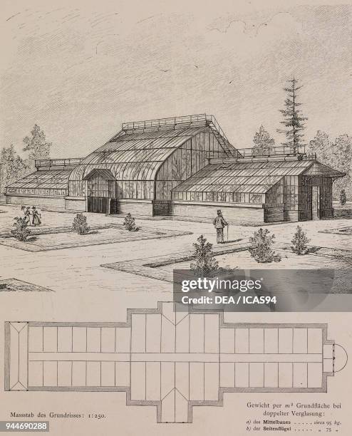 Double-glazed greenhouse built by Nathaniel Rothschild in Vienna, Austria, engraving, Skizzen und Typen, plate 189, designs by Rudolph Philip...