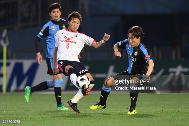 Yoichiro Kakitani of Cerezo Osaka in action during the J.League J1 match between Kawasaki Frontale and Cerezo Osaka at Todoroki Stadium on April 11,...