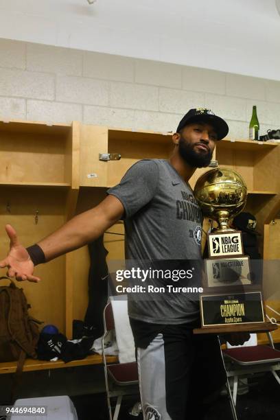 Darrun Hilliard celebrates with the trophy after the Austin Spurs defeats the Raptors 905 and win the NBA G League Championship on April 10, 2018 at...