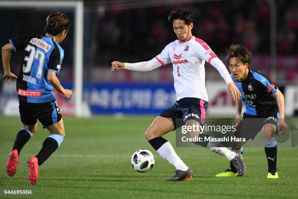 Kenyu Sugimoto of Cerezo Osaka in action during the J.League J1 match between Kawasaki Frontale and Cerezo Osaka at Todoroki Stadium on April 11,...