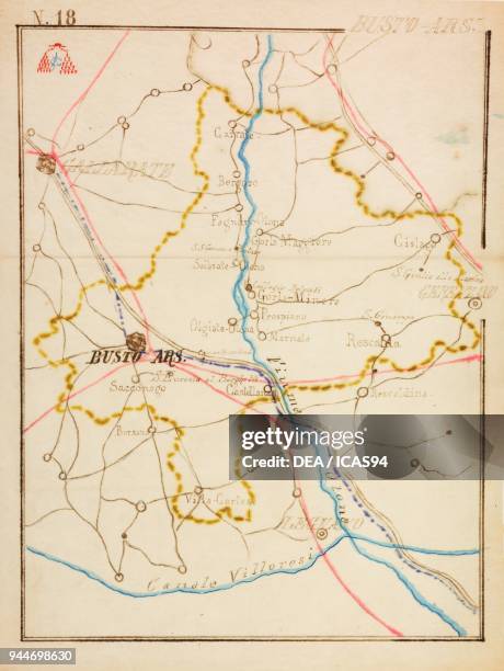 Parish of Busto Arsizio, on the occasion of the pastoral visit of Cardinal Andrea Carlo Ferrari, 1895-1897, planimetry with the Olona River and the...