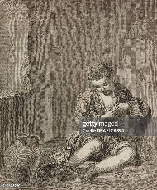 The young beggar, after a painting by Bartolome Esteban Murillo, illustration from Teatro universale, Raccolta enciclopedica e scenografica, No 74,...