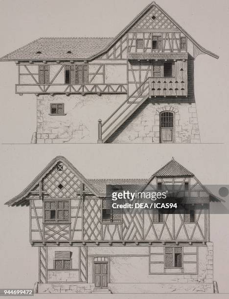 Timber-framed houses in the Canton of Thurgau, Frauenfeld, Romanshorn, Switzerland, engraving from L'architecture pittoresque en Suisse, ou Choix de...