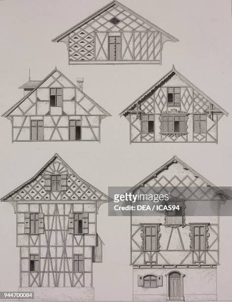 Timber-framed houses in the Canton of Thurgau, Frauenfeld, Romanshorn, Switzerland, engraving from L'architecture pittoresque en Suisse, ou Choix de...