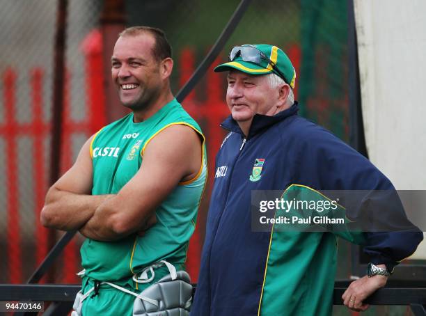 Jacques Kallis of South Africa shares a joke with Duncan Fletcher during a South Africa Nets Session at Centurion Park on December 15, 2009 in...