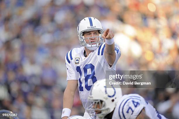 Indianapolis Colts QB Peyton Manning calling signals before snap during game vs Baltimore Ravens. Baltimore, MD CREDIT: David Bergman