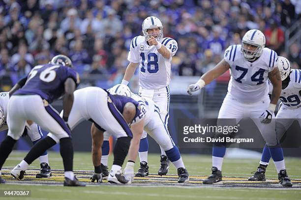 Indianapolis Colts QB Peyton Manning calling signals before snap during game vs Baltimore Ravens. Baltimore, MD CREDIT: David Bergman