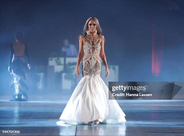 Imogen Anthony showcases designs by Sarah Joseph Couture during the Jurassic World: Fallen Kingdom Runway Show on April 11, 2018 in Sydney, Australia.