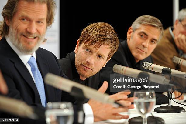 Actors Jeff Bridges, Ewan McGregor and George Clooney speak onstage at the "Men Who Stare At Goats" press conference held at the Sutton Place Hotel...