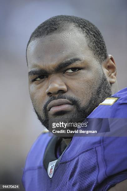 Closeup of Baltimore Ravens Michael Oher on sidelines during game vs Indianapolis Colts. Baltimore, MD CREDIT: David Bergman