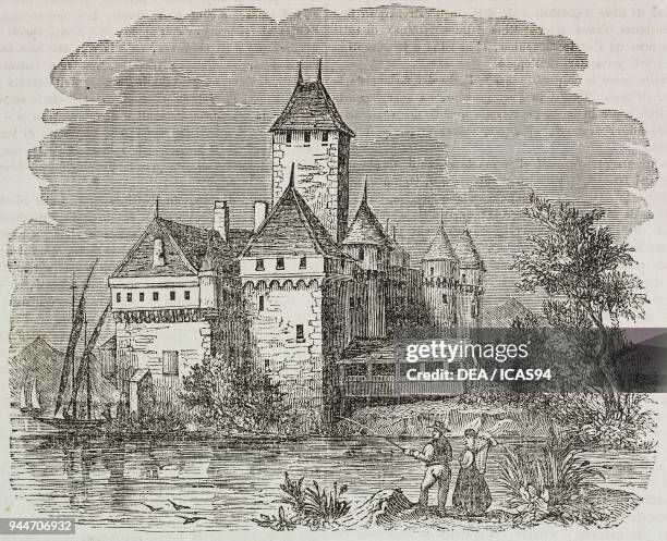 Chillon Castle, on Lake Geneva, Switzerland, illustration from Teatro universale, Raccolta enciclopedica e scenografica, No 285, December 21, 1839.