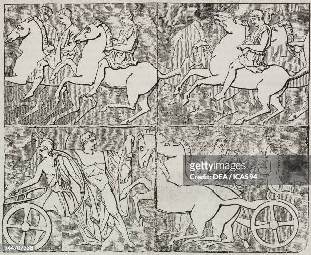 Panathenaic procession, horses and chariots, frieze in the Parthenon cell, illustration from Teatro universale, Raccolta enciclopedica e...