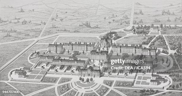 Bird's-eye view of the Asile d'Alienes de Vaucluse, Sainte-Genevieve-des-Bois, France, engraving by Bury, from Paris, monuments eleves par la ville,...