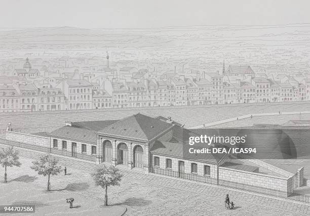 Bird's-eye view of the Morgue in Paris, designed by Emile Jacques Gilbert, France, engraving by Sauvageot after a drawing by Mignan, from Paris,...