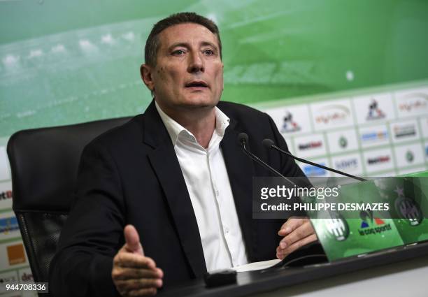 Frederic Paquet, executive director of AS Saint-Etienne football club speaks during a press conference to present the club's development plan on...