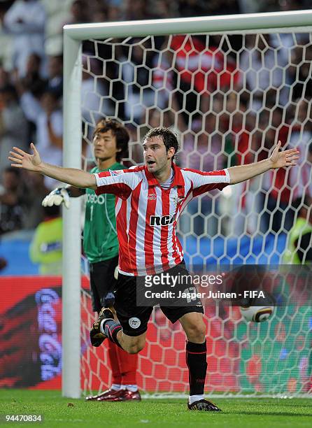 Mauro Boselli of Estudiantes celebrates after his teammate Leandro Benitez scored the opening goal during the FIFA Club World Cup semi-final match...