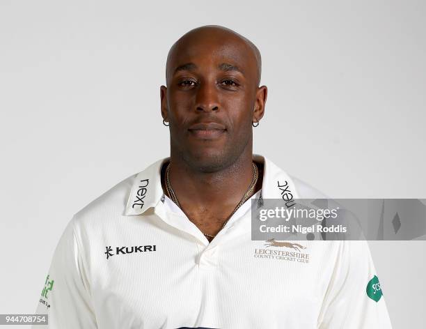 Michael Carberry of Leicestershire poses for a photograph during the Leicestershire County Cricket photocall held at Grace Road on April 11, 2018 in...