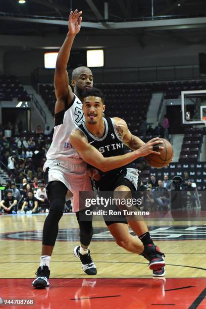 Nick Johnson of the Austin Spurs drives to the basket against the Raptors 905 during Game Two of the NBA G-League Championshiop game on April 10,...