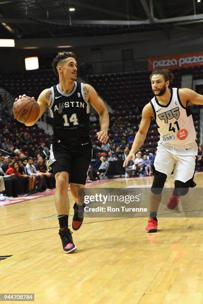 Nick Johnson of the Austin Spurs dribbles the ball against the Raptors 905 during Game Two of the NBA G-League Championshiop game on April 10, 2018...