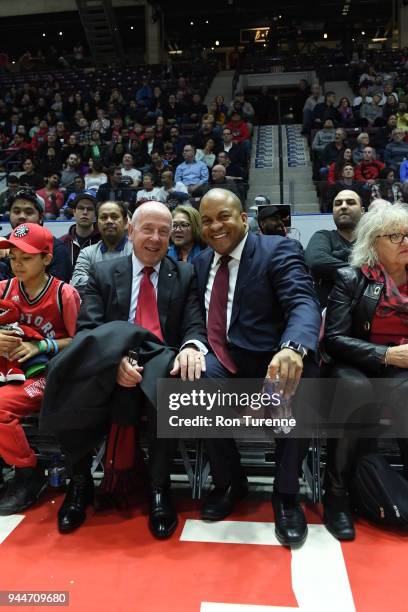 Larry Tanenbaum and Malcolm Turner during Game Two of the NBA G-League Championship game on April 10, 2018 at the Hershey Centre in Mississauga,...