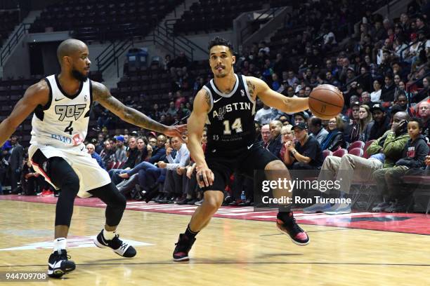 Nick Johnson of the Austin Spurs handles the ball against the Raptors 905 during Game Two of the NBA G-League Championshiop game on April 10, 2018 at...