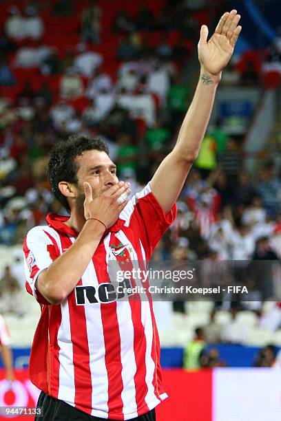 Leandro Benitez of Estudiantes LP celebrates after scoring his team's second goal during the FIFA Club World Cup semi-final match between Pohang...