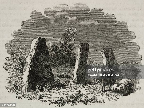 Harold's Stones, menir in Trellech, Wales, United Kingdom, illustration from Teatro universale, Raccolta enciclopedica e scenografica, No 370, August...