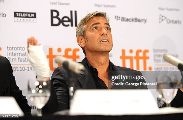 Actor George Clooney speaks onstage at the "Men Who Stare At Goats" press conference held at the Sutton Place Hotel on September 11, 2009 in Toronto,...