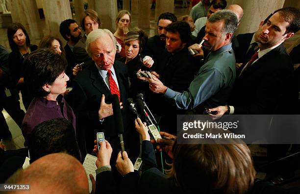 Sen. Joseph Lieberman speaks to reporters about the health care reform bill that is currently being debated in the Senate, on December 15, 2009 in...