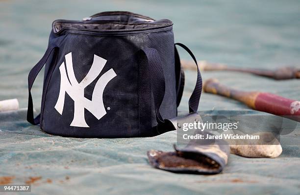 Detail of a baseball bagwith a Tankee logo is seen during batting practice prior to Game One of the 2009 MLB World Series between the New York...